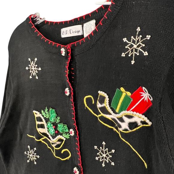 Vintage BP Design Cardigan Sweater L Black Embellished Christmas Holiday Grandma - Picture 3 of 12